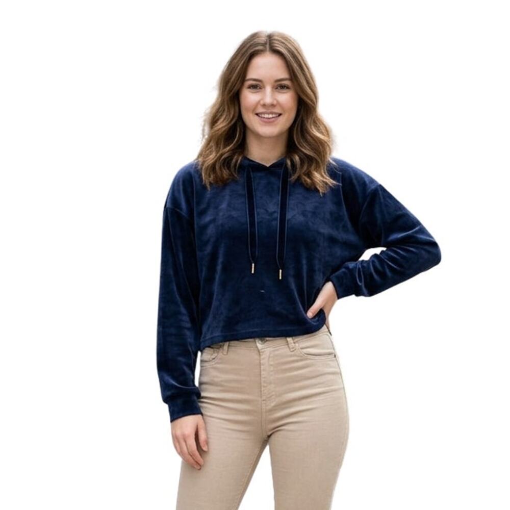 Philosophy Blue Velor Pull Over Cropped Hoodie Top , L